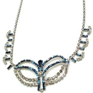 VINTAGE Sapphire Blue & Clear Rhinestone Set in Silver-tone Necklace 14.5"